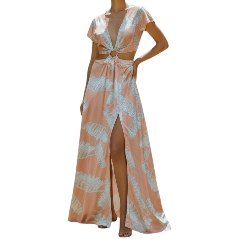 Peach Printed Cutout Maxi Dress with Ring Detail